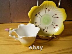 Trimont Japan Yellow Flower Teacup Saucer Hand Painted Cicada Bug Handle Semi