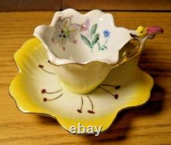 Trimont Japan Yellow Flower Teacup Saucer Hand Painted Cicada Bug Handle Semi