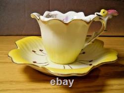 Trimont Japan Yellow Flower Teacup Saucer Hand Painted Cicada Bug Handle Semi