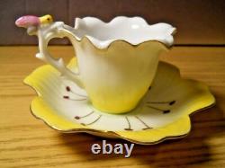 Trimont Japan Yellow Flower Teacup Saucer Hand Painted Cicada Bug Handle Semi