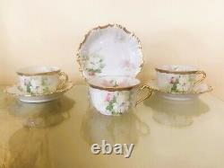 Trio Antique Limoges Coronet Hand Painted Gold Gilt Floral Tea Cups and Saucers