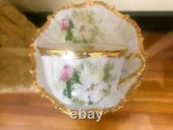 Trio Antique Limoges Coronet Hand Painted Gold Gilt Floral Tea Cups and Saucers