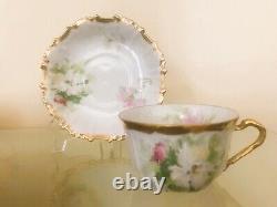 Trio Antique Limoges Coronet Hand Painted Gold Gilt Floral Tea Cups and Saucers