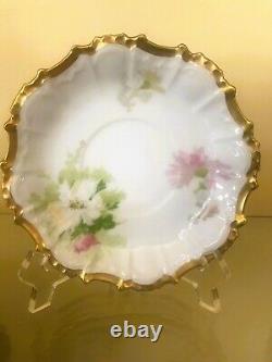 Trio Antique Limoges Coronet Hand Painted Gold Gilt Floral Tea Cups and Saucers