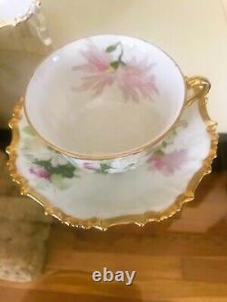 Trio Antique Limoges Coronet Hand Painted Gold Gilt Floral Tea Cups and Saucers