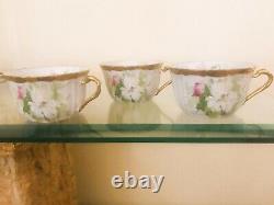 Trio Antique Limoges Coronet Hand Painted Gold Gilt Floral Tea Cups and Saucers