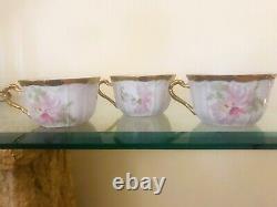 Trio Antique Limoges Coronet Hand Painted Gold Gilt Floral Tea Cups and Saucers