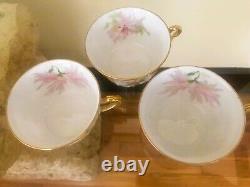 Trio Antique Limoges Coronet Hand Painted Gold Gilt Floral Tea Cups and Saucers