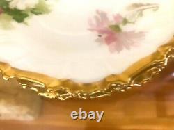 Trio Antique Limoges Coronet Hand Painted Gold Gilt Floral Tea Cups and Saucers