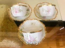 Trio Antique Limoges Coronet Hand Painted Gold Gilt Floral Tea Cups and Saucers