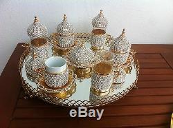 Turkish Arabic Coffee Water Tea Cup Jardiniere Tray Made with Swarovski Set GOLD