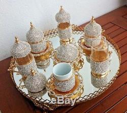 Turkish Arabic Coffee Water Tea Cup Jardiniere Tray Made with Swarovski Set GOLD