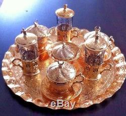 Turkish Coffee Water Tea BIG Set, Copper& Porcelain Glass, Ottoman Palace Tulips