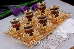 Turkish Tea Set for 6 Decorated Glasses with Brass Holders Tray Spoons