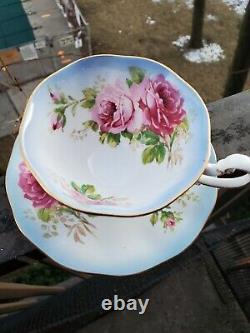 ULTRA RARE Royal Albert Teacup and Saucer Footed Blue Trim Cabbage Rose