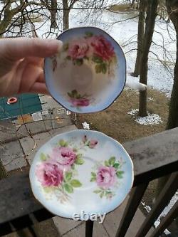 ULTRA RARE Royal Albert Teacup and Saucer Footed Blue Trim Cabbage Rose