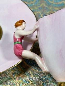 Ultra Rare Hammersley Tea Cup & Saucer Hand Painted Pink With Swimmer Handle