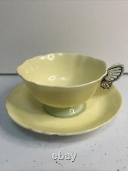 VINTAGE PARAGON RARE BUTTERFLY HANDLE Tea Cup & Saucer Yellow Green READ