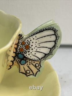 VINTAGE PARAGON RARE BUTTERFLY HANDLE Tea Cup & Saucer Yellow Green READ