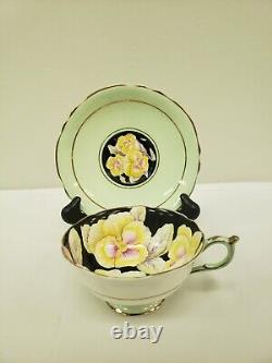 VINTAGE Paragon England Mint Green Pansy on Black Tea Cup & Saucer Set