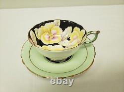 VINTAGE Paragon England Mint Green Pansy on Black Tea Cup & Saucer Set
