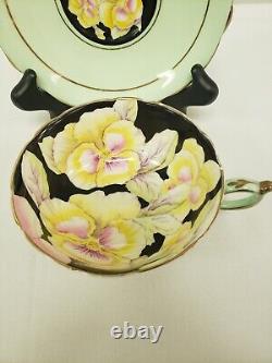 VINTAGE Paragon England Mint Green Pansy on Black Tea Cup & Saucer Set