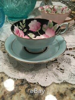 VTG 1930's AQUA & Large PINK ROSES Cup & Saucer PARAGON Double Warrant English