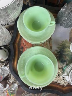 VTG 4 Fire King Jadeite Alice Floral Pattern Teacup And Saucer Set Of Four
