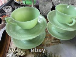 VTG 4 Fire King Jadeite Alice Floral Pattern Teacup And Saucer Set Of Four