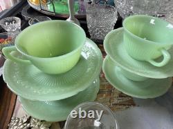 VTG 4 Fire King Jadeite Alice Floral Pattern Teacup And Saucer Set Of Four