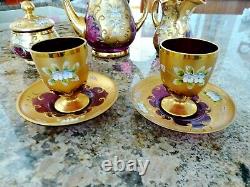 VTG CZECH BOHEMIAN Gold Cranberry Glass Tea Set 2 Cup Saucers Sugar Cream & Pot