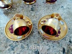 VTG CZECH BOHEMIAN Gold Cranberry Glass Tea Set 2 Cup Saucers Sugar Cream & Pot