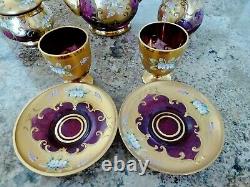 VTG CZECH BOHEMIAN Gold Cranberry Glass Tea Set 2 Cup Saucers Sugar Cream & Pot