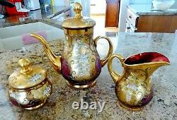 VTG CZECH BOHEMIAN Gold Cranberry Glass Tea Set 2 Cup Saucers Sugar Cream & Pot