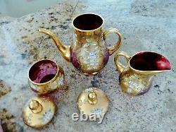 VTG CZECH BOHEMIAN Gold Cranberry Glass Tea Set 2 Cup Saucers Sugar Cream & Pot