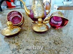 VTG CZECH BOHEMIAN Gold Cranberry Glass Tea Set 2 Cup Saucers Sugar Cream & Pot