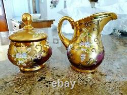 VTG CZECH BOHEMIAN Gold Cranberry Glass Tea Set 2 Cup Saucers Sugar Cream & Pot