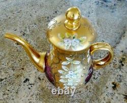 VTG CZECH BOHEMIAN Gold Cranberry Glass Tea Set 2 Cup Saucers Sugar Cream & Pot