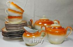 VTG Czechoslovakia Czech Ceramic Orange Cream Luster Black Art Deco Tea Set Lot