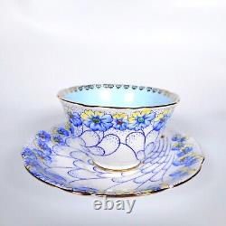 VTG Gladstone England Bone China Tea Cup & Saucer White Indigo Blue Gold 50s 60s