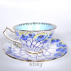VTG Gladstone England Bone China Tea Cup & Saucer White Indigo Blue Gold 50s 60s