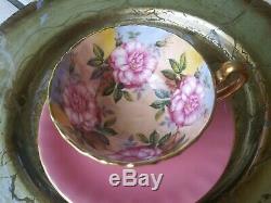 VTG RARE AYNSLEY. 4 Large Pink Cabbage Roses. Pink Tea Cup & Ribbed Saucer. EUC