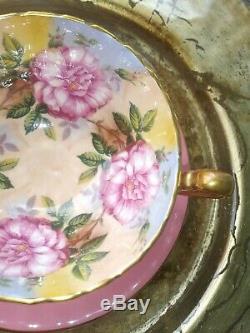 VTG RARE AYNSLEY. 4 Large Pink Cabbage Roses. Pink Tea Cup & Ribbed Saucer. EUC