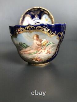 V RARE Antique MEISSEN Cobalt Blue Boucher Painting BACHUS & VENUS Teacup Saucer