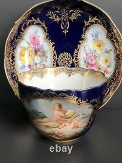 V RARE Antique MEISSEN Cobalt Blue Boucher Painting BACHUS & VENUS Teacup Saucer