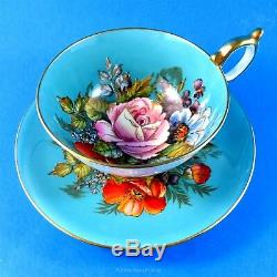 Very Rare Exquisite Signed Handpainted Blue & Floral Aynsley Tea Cup and Saucer
