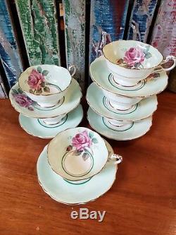 ViNTage PaRaGOn CaBbAGe RoSe Mint GrEEn TeA cUp and SaUCer Set of 6