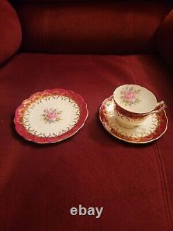 Vintage AYNSLEY Bone China Tea Cup Saucer Side Plate Burgundy Gold RARE Set of 6