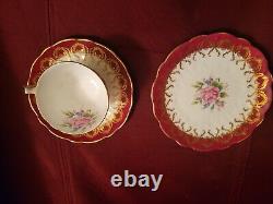 Vintage AYNSLEY Bone China Tea Cup Saucer Side Plate Burgundy Gold RARE Set of 6