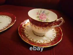 Vintage AYNSLEY Bone China Tea Cup Saucer Side Plate Burgundy Gold RARE Set of 6